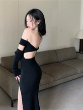 Black Off-Shoulder High Slit Sheath Dress